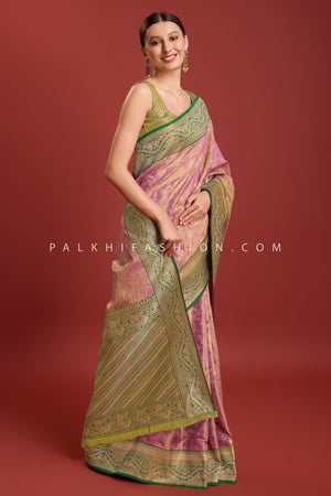Elegant Lilac/Green Kanjivaram Woven Silk Saree – Palkhi Fashion