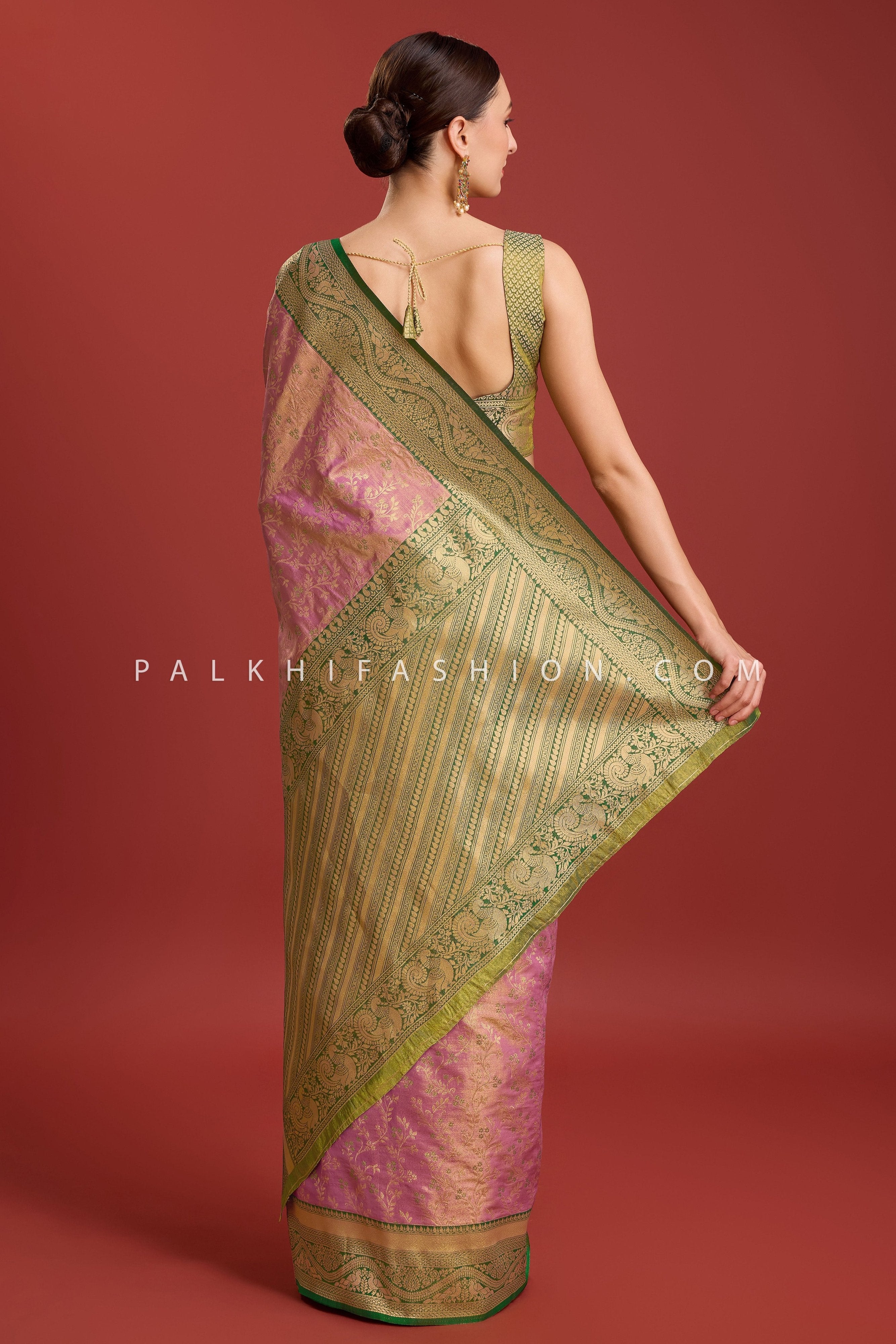 Elegant Lilac/Green Kanjivaram Woven Silk Saree – Palkhi Fashion