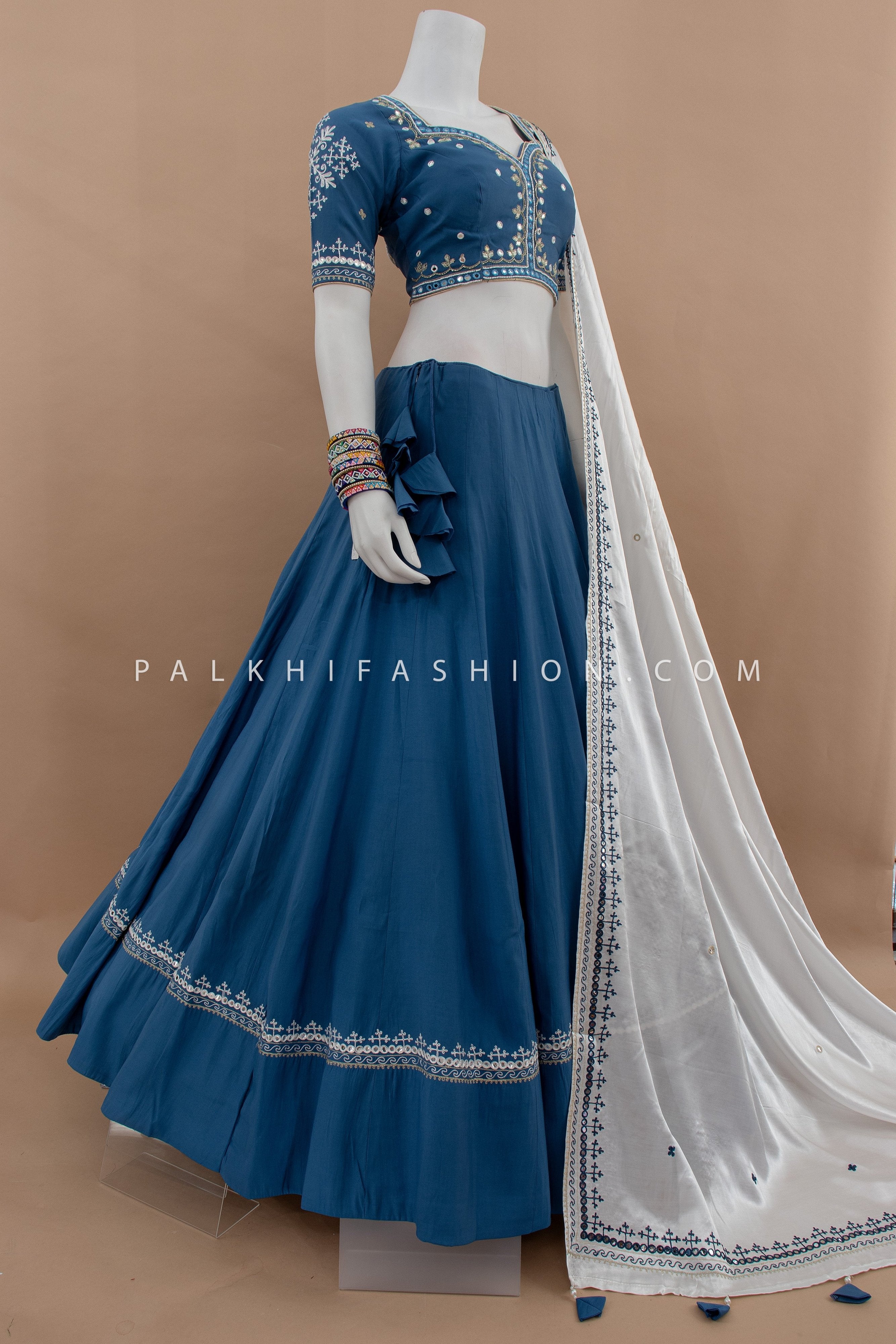 Elegant Powder Blue Navratri Chaniya Choli with Mirror & Embroidery – Palkhi Fashion