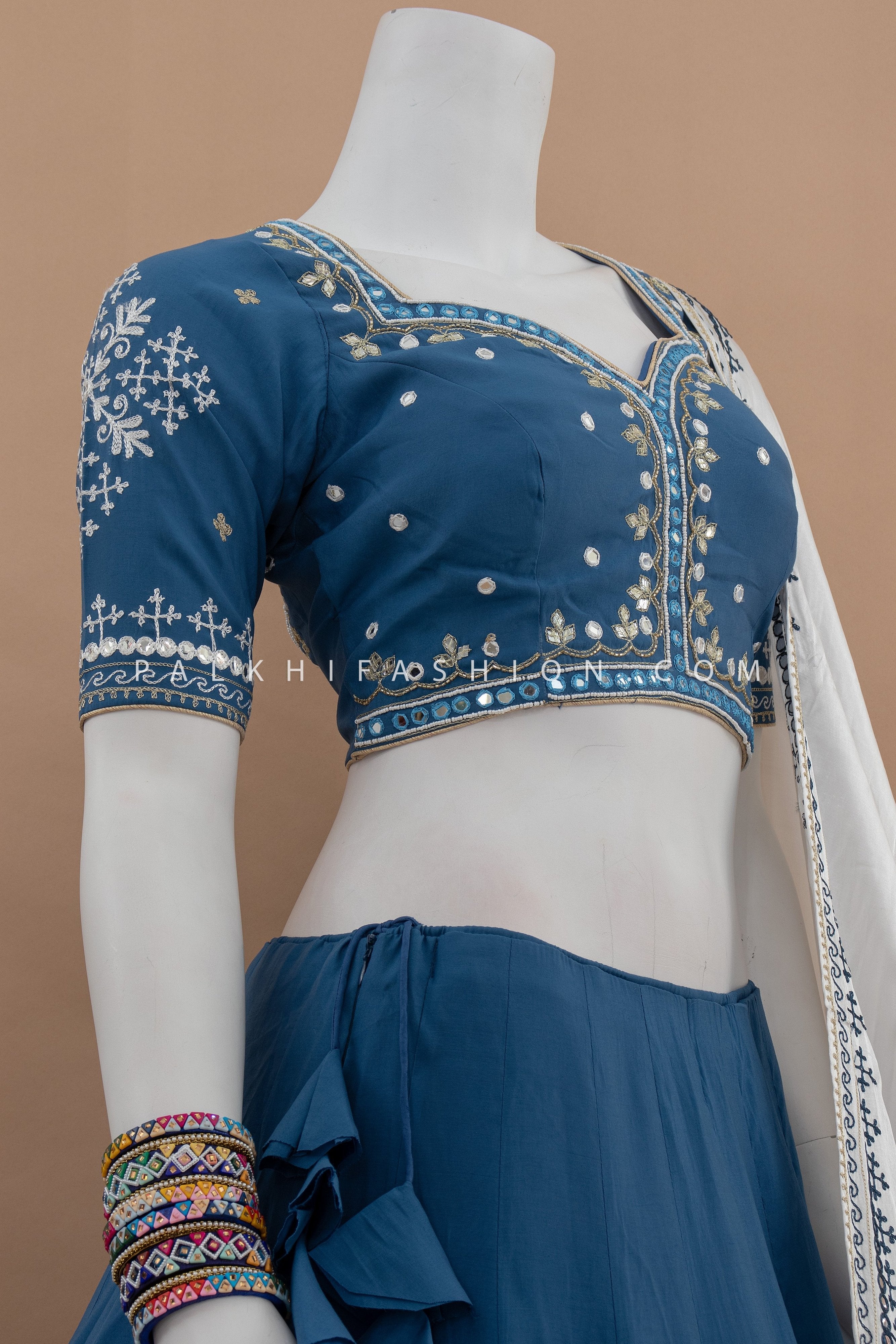 Elegant Powder Blue Navratri Chaniya Choli with Mirror & Embroidery – Palkhi Fashion
