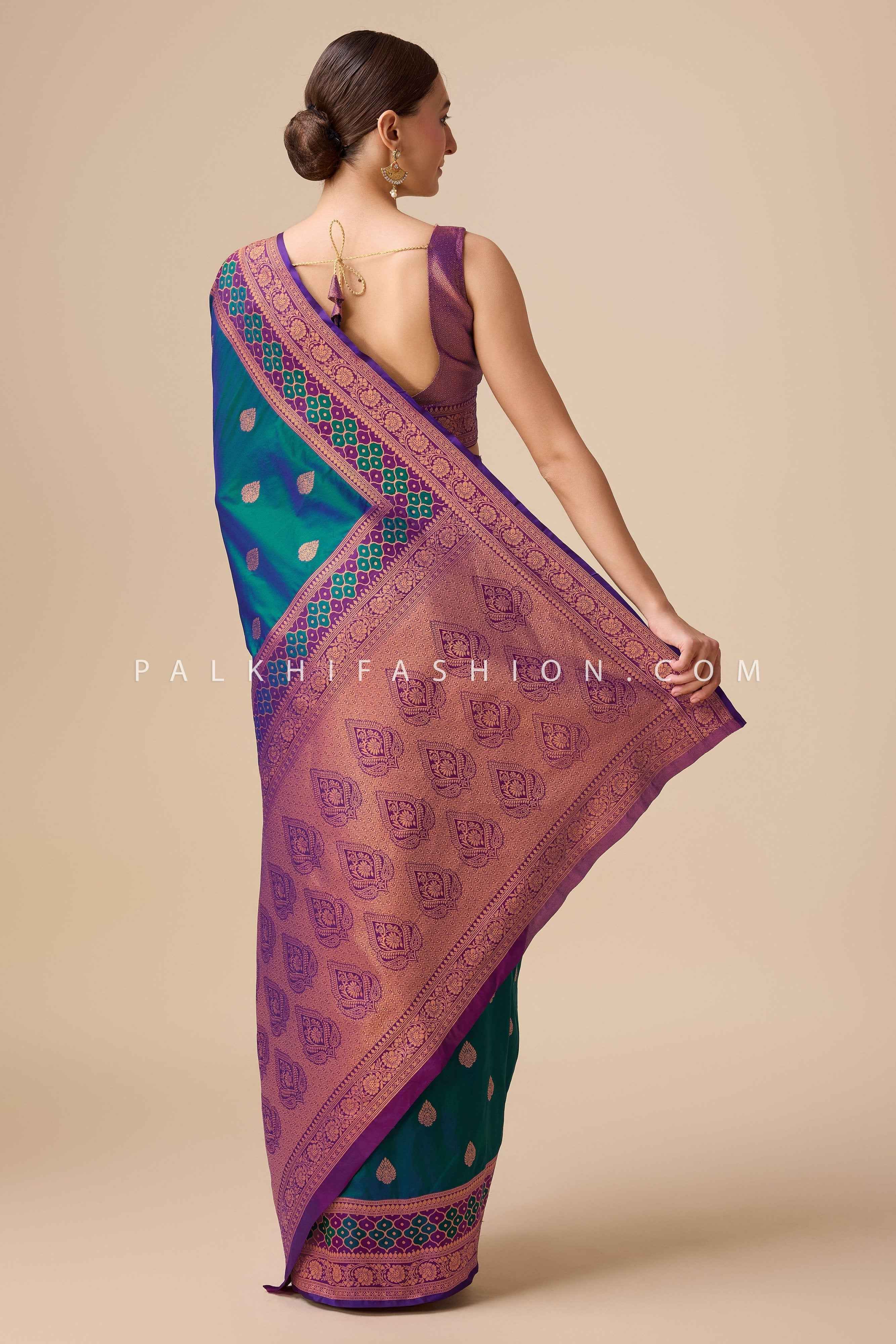 Elegant Teal-Purple Banarasi Saree with Rich Woven Pallu – Palkhi Fashion