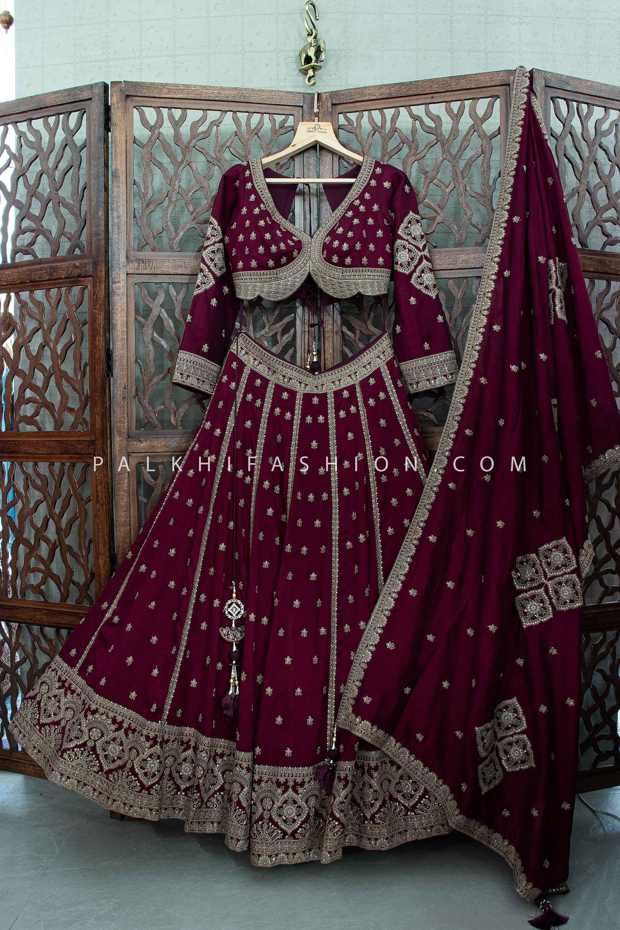 Elegant Wine Antique Gold Embroidered Silk Lehenga Choli | Palkhi Fashion