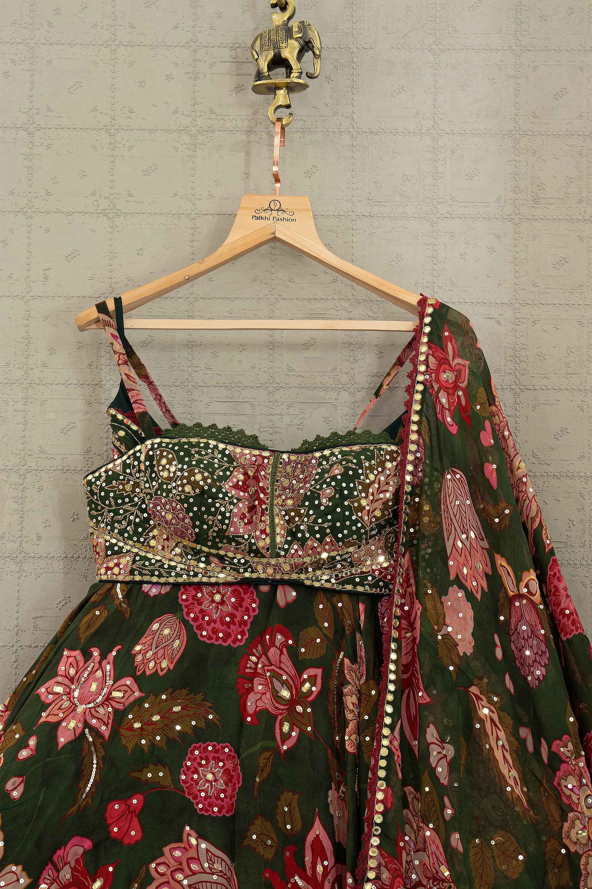 Emerald Bloom- Dark Green Floral Designer Lehenga Set – Palkhi Fashion