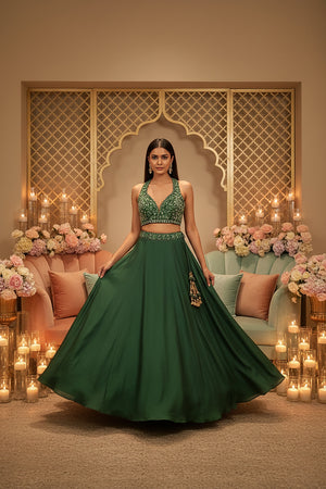 π Emerald Bloom: Hand - Embroidered Green Lehenga Choli β Palkhi Fashion