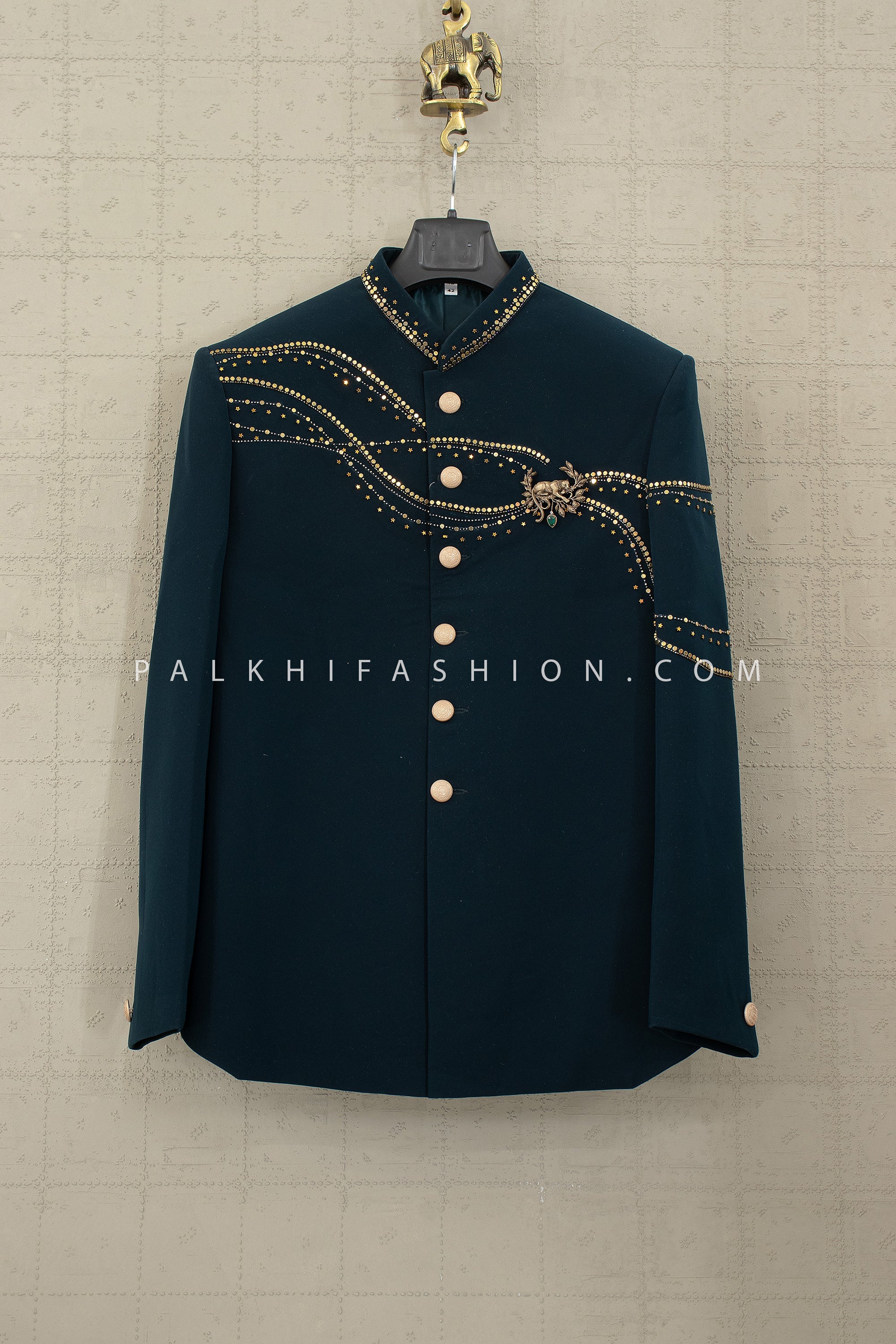 Emerald Crest — Men’s Emerald Green Designer Indo - Western with Handwork | Palkhi Fashion