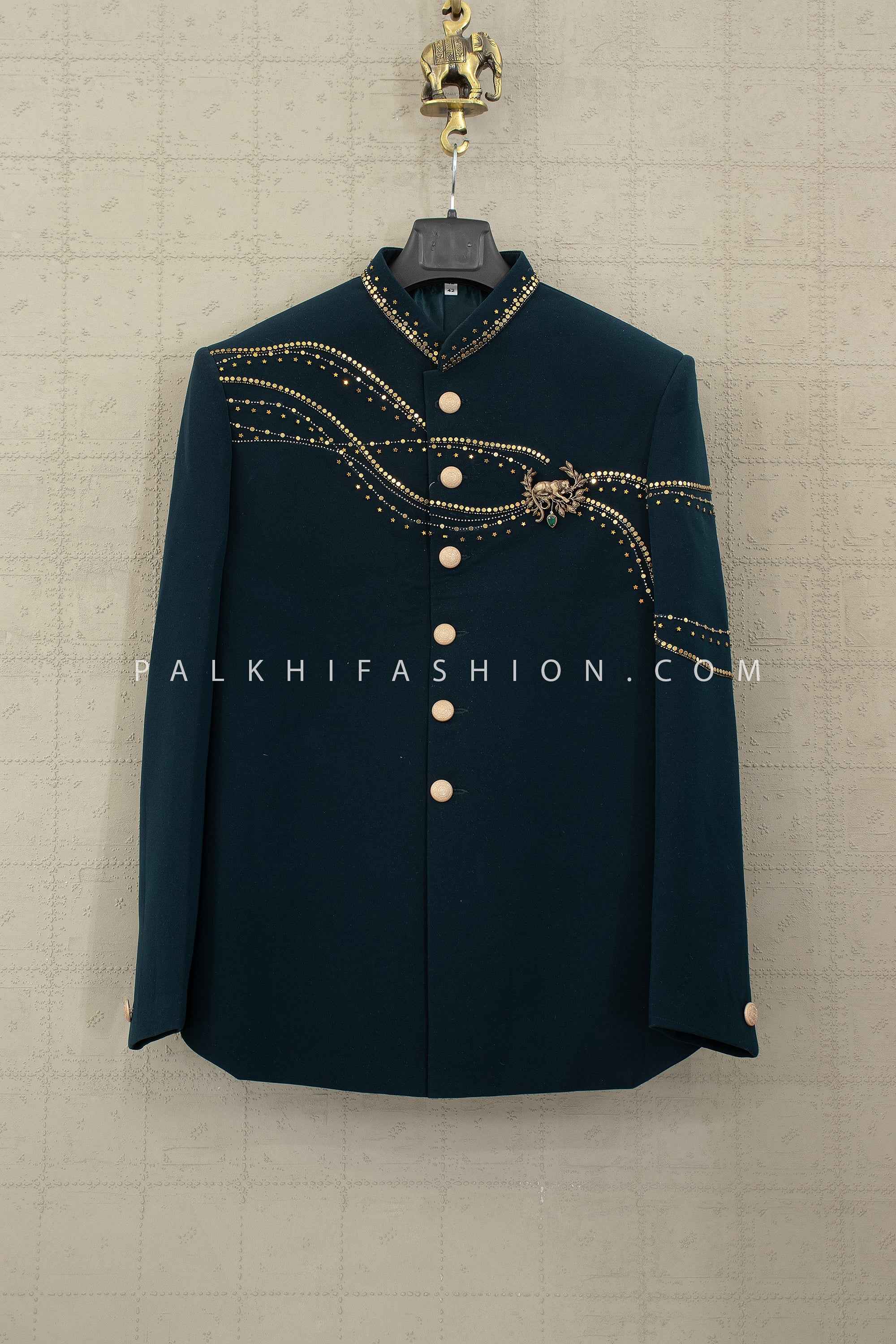 Emerald Crest — Men’s Emerald Green Designer Indo-Western with Handwork | Palkhi Fashion
