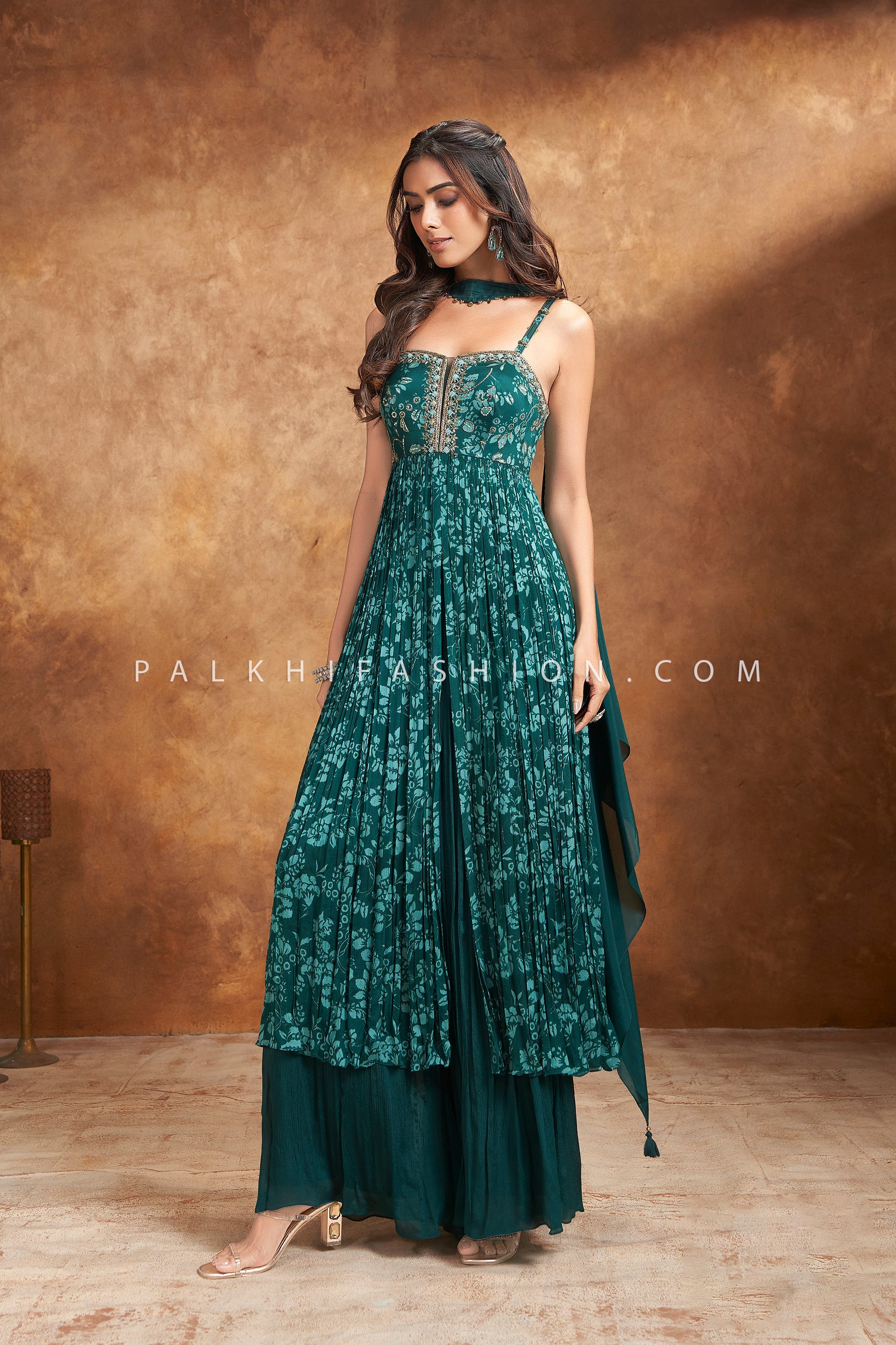 Emerald Flow - Teal Georgette Palazzo Outfit with Hand Embellished Top & Choker Dupatta | Palkhi Fashion
