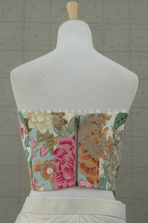 Enchanted Bloom: Ivory Pre - Draped Saree with Floral Embroidered Corset – Palkhi Fashion