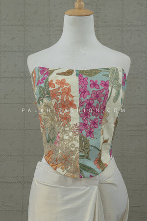 Enchanted Bloom: Ivory Pre - Draped Saree with Floral Embroidered Corset – Palkhi Fashion