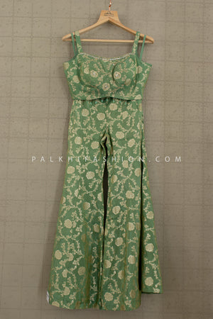 Enchanting Ombre Green Banarasi Crop Top Palazzo with Embellished Jacket – Palkhi Fashion