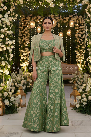 Enchanting Ombre Green Banarasi Crop Top Palazzo with Embellished Jacket – Palkhi Fashion