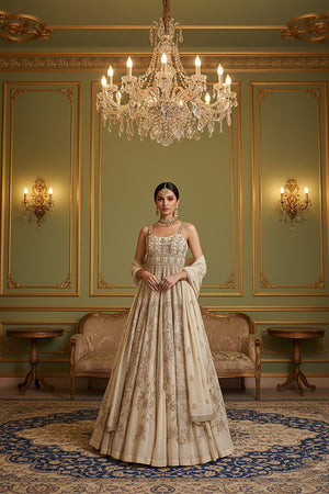 Eternal Ivory Elegance: Stunning Embroidered Designer Anarkali Gown– Palkhi Fashion