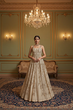Eternal Ivory Elegance: Stunning Embroidered Designer Anarkali Gown– Palkhi Fashion