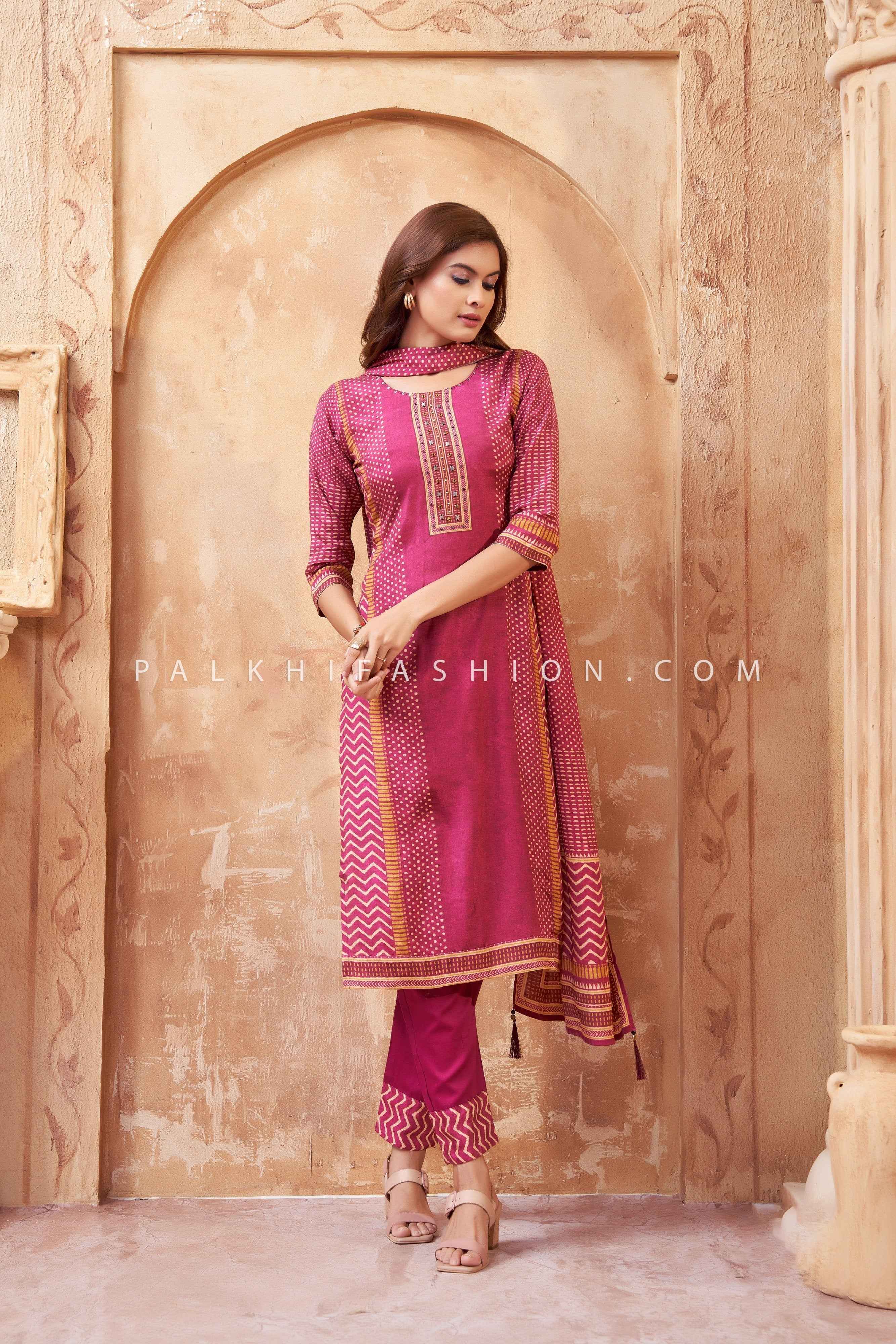 Ethereal Elegance: Deep Carmine Straight Cut Cotton Silk Suit – Palkhi Fashion