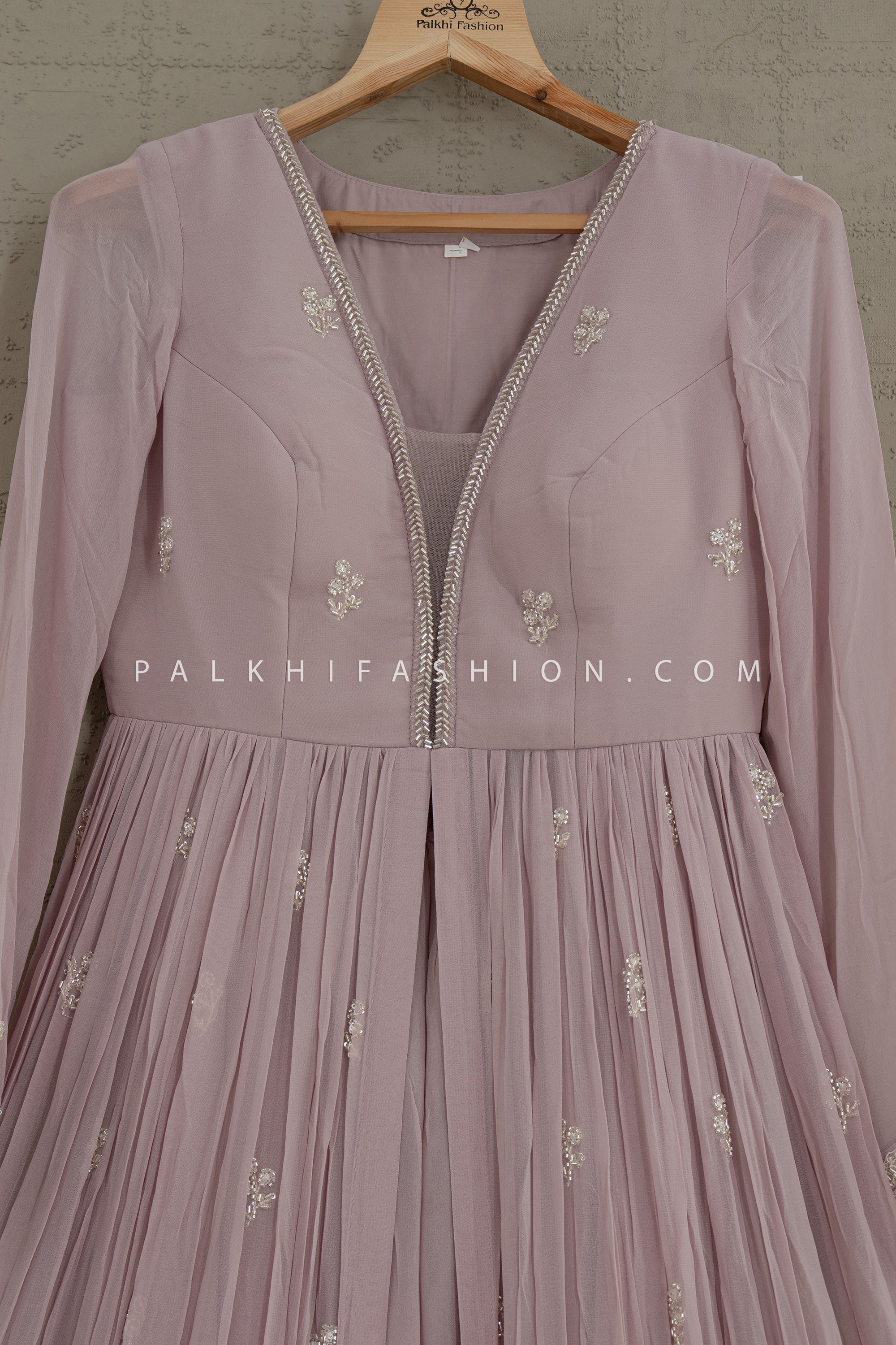 Ethereal Glow: Lilac Bead Embellished Front - Slit Palazzo Set – Palkhi Fashion