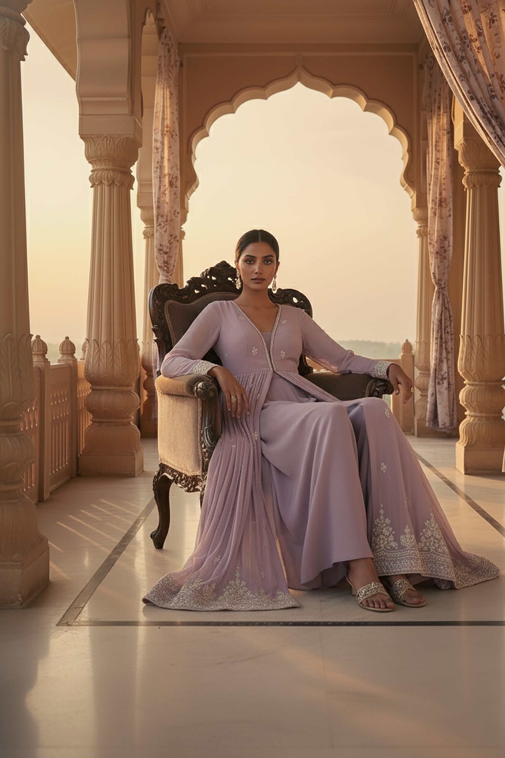 Ethereal Glow: Lilac Bead Embellished Front - Slit Palazzo Set – Palkhi Fashion