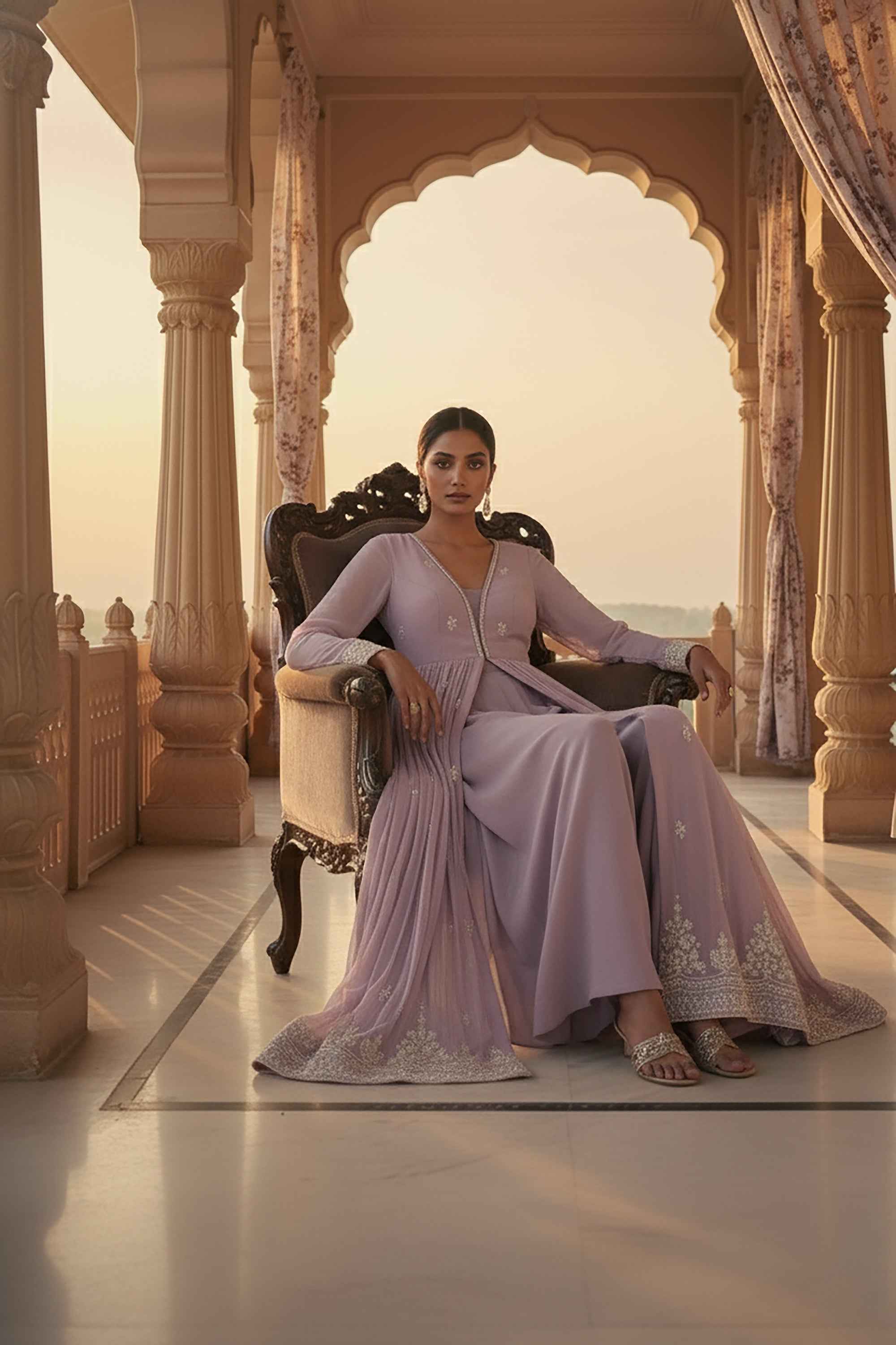Ethereal Glow: Lilac Bead Embellished Front-Slit Palazzo Set – Palkhi Fashion
