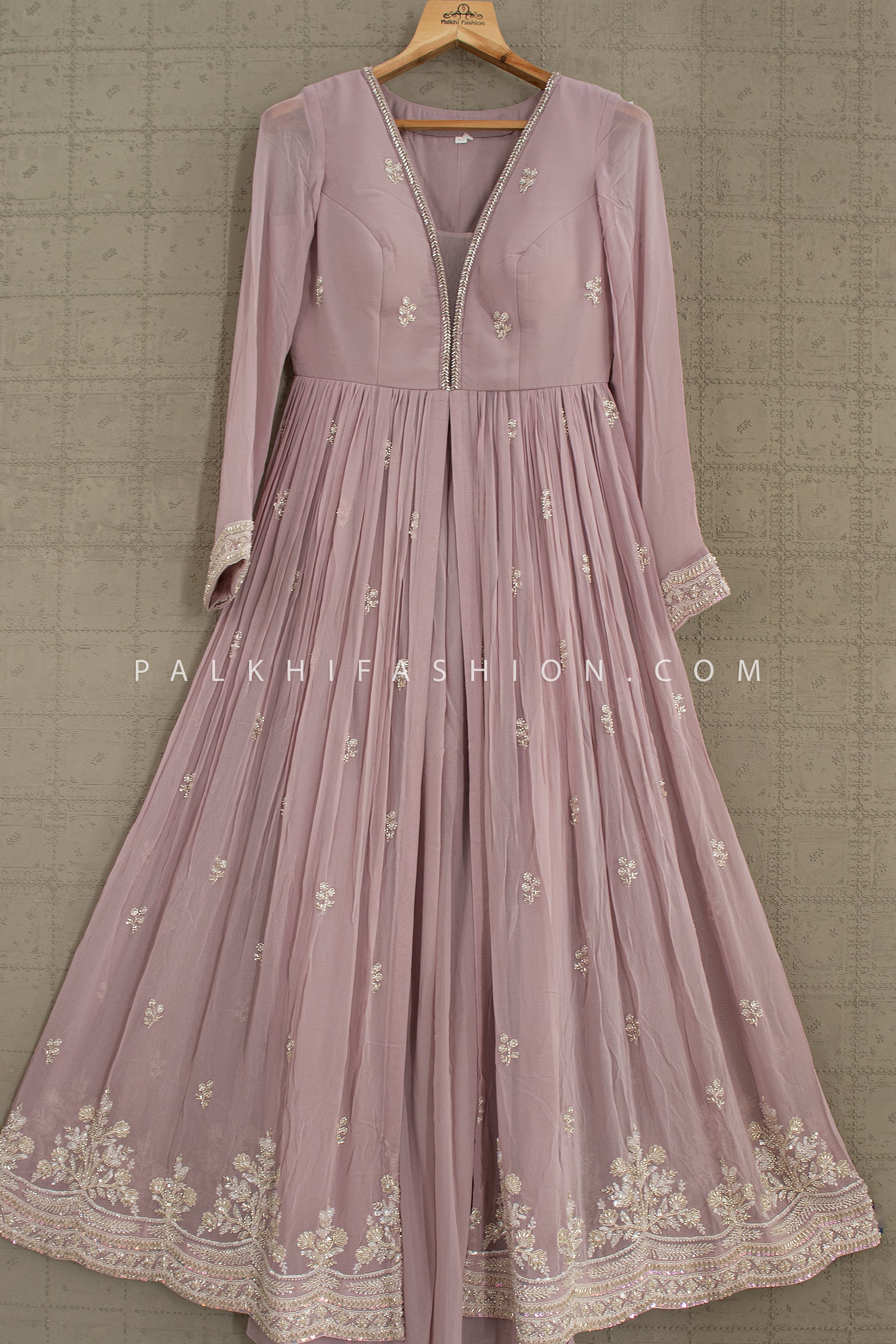Ethereal Glow: Lilac Bead Embellished Front - Slit Palazzo Set – Palkhi Fashion