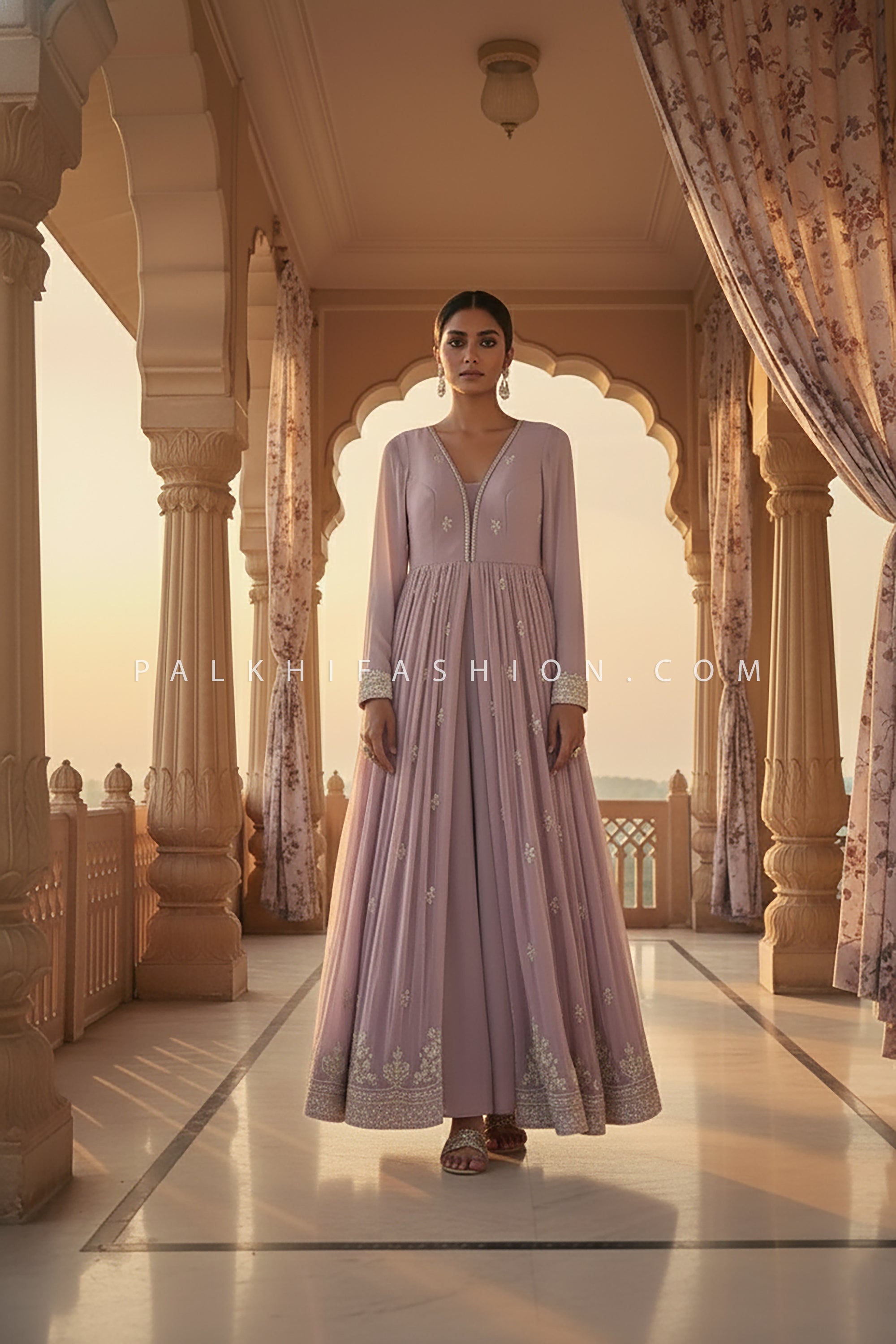 Ethereal Glow: Lilac Bead Embellished Front - Slit Palazzo Set – Palkhi Fashion
