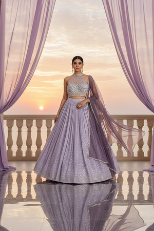 π Ethereal Grace: Lavender Embroidered Lehenga Choli with Halter Mirror Work Blouse β Palkhi Fashion