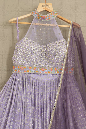 π Ethereal Grace: Lavender Embroidered Lehenga Choli with Halter Mirror Work Blouse β Palkhi Fashion