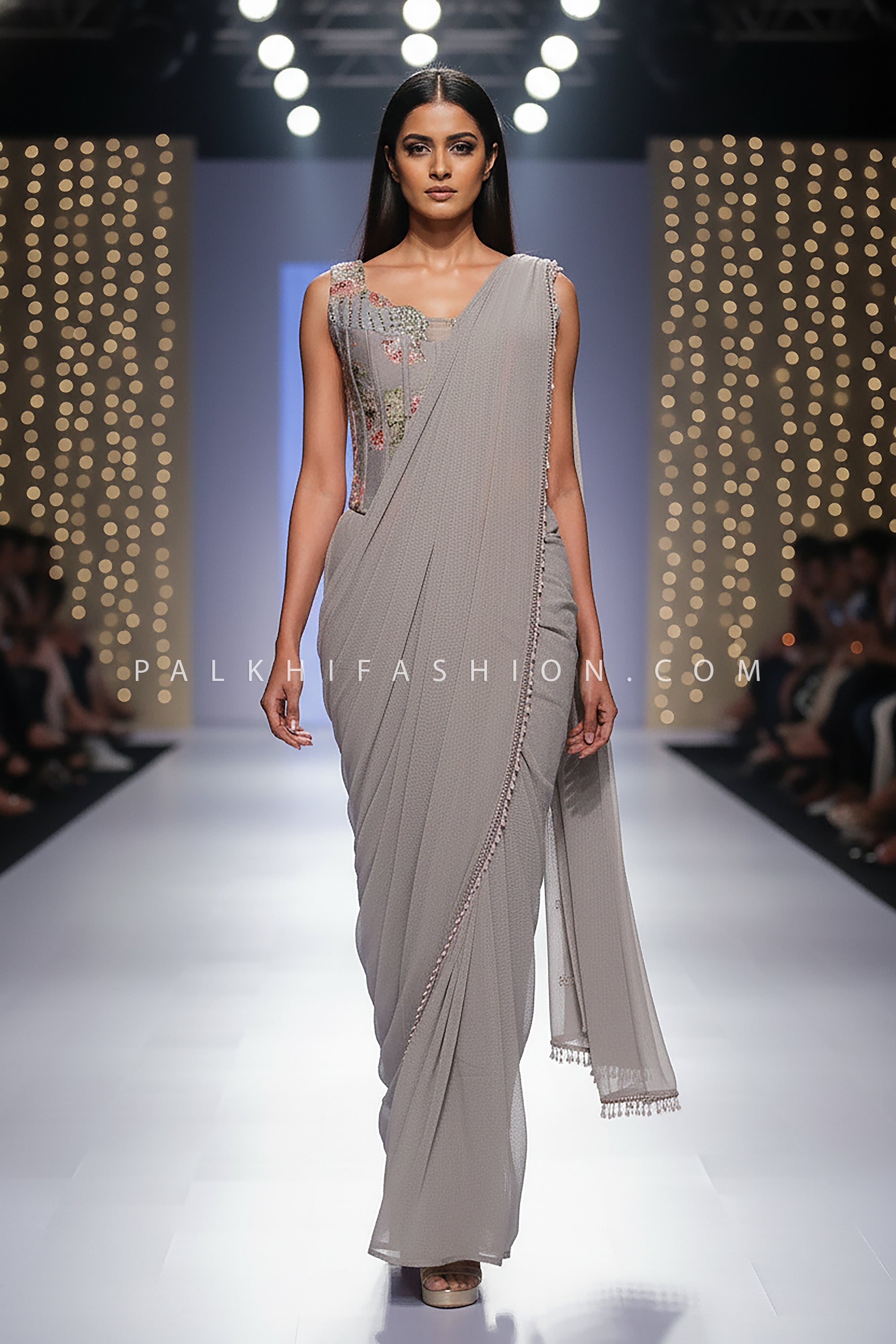 🩶 Ethereal Grace: Sculpted Grey Drape Saree with Floral Corset Blouse – Palkhi Fashion