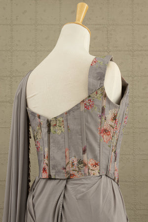 🩶 Ethereal Grace: Sculpted Grey Drape Saree with Floral Corset Blouse – Palkhi Fashion