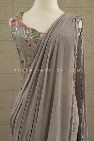 🩶 Ethereal Grace: Sculpted Grey Drape Saree with Floral Corset Blouse – Palkhi Fashion