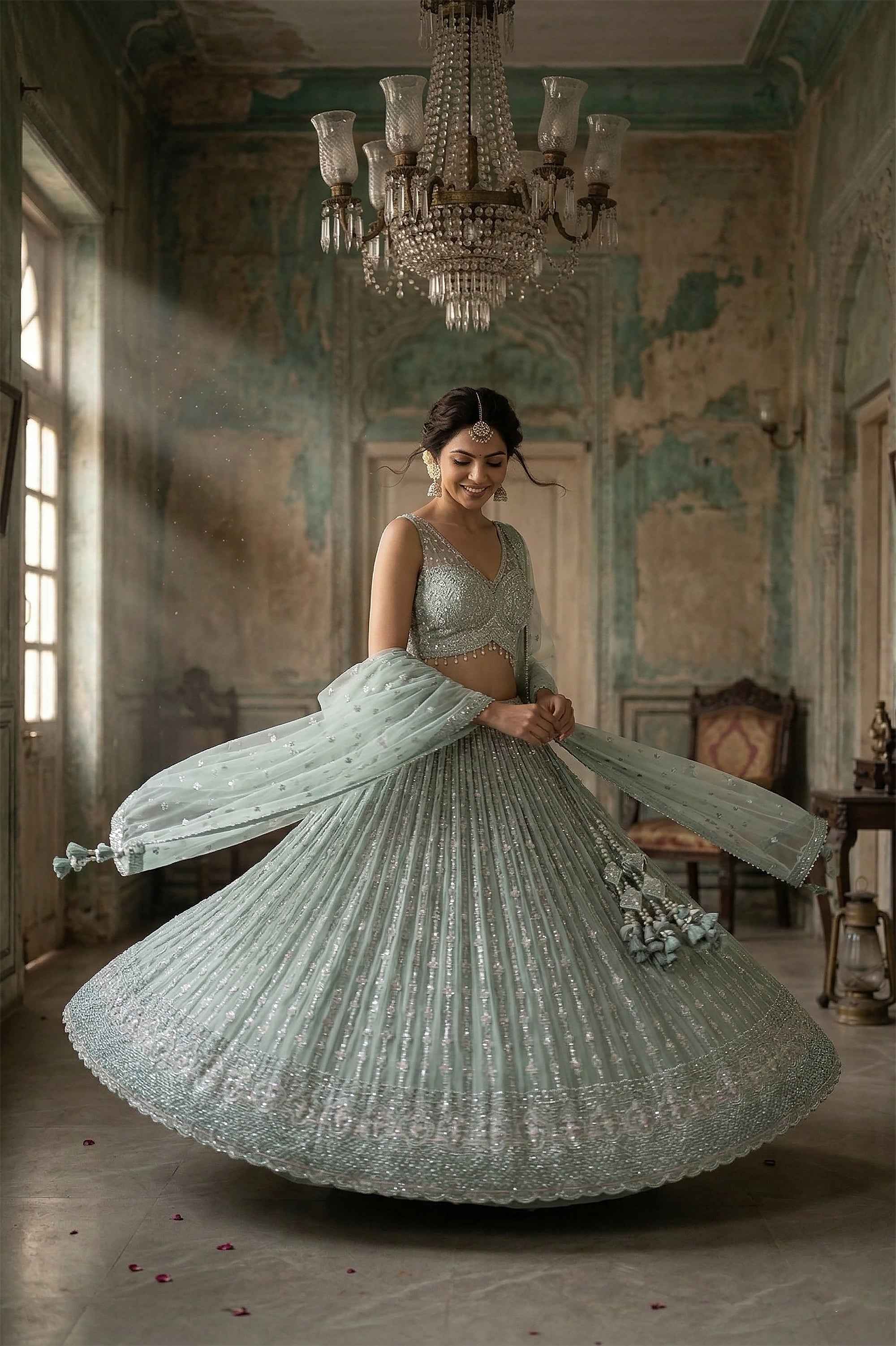 Ethereal Pastel Radiance – Sage Green Hand Embroidered Lehenga Set | Palkhi Fashion