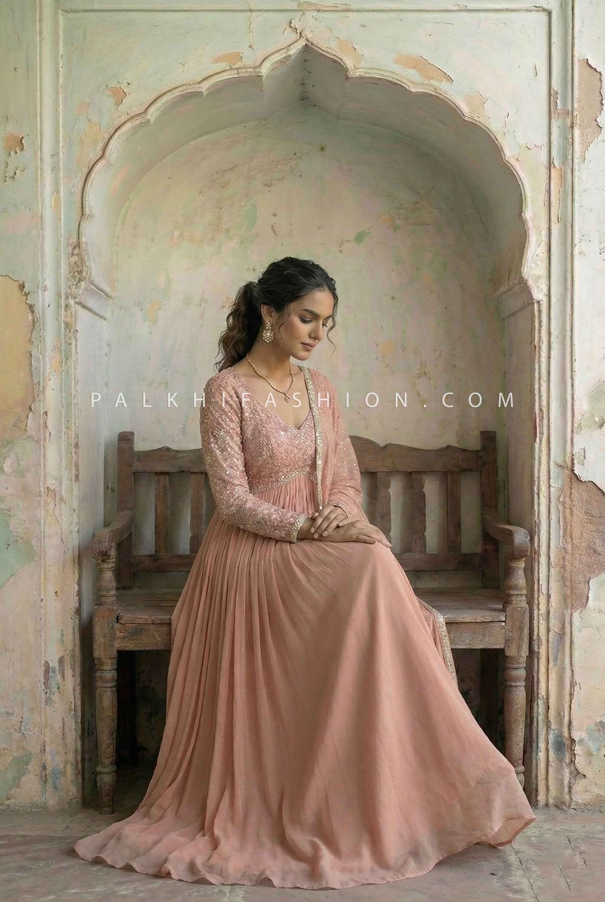 Ethereal Peach Alia-Cut Georgette Gown with Hand Embroidery β Palkhi Fashion