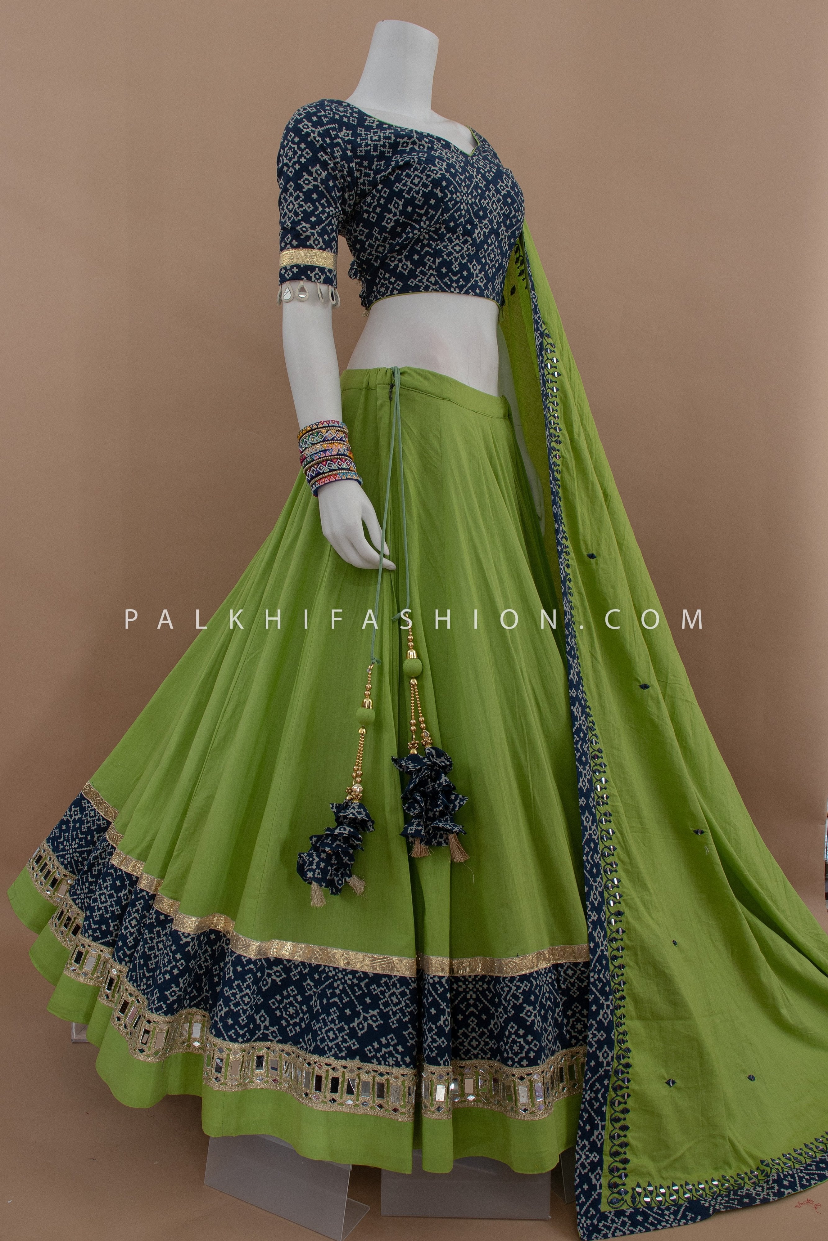 Ethnic Charm: Green Cotton Blend Chaniya Choli with Ikat pattern – Palkhi Fashion