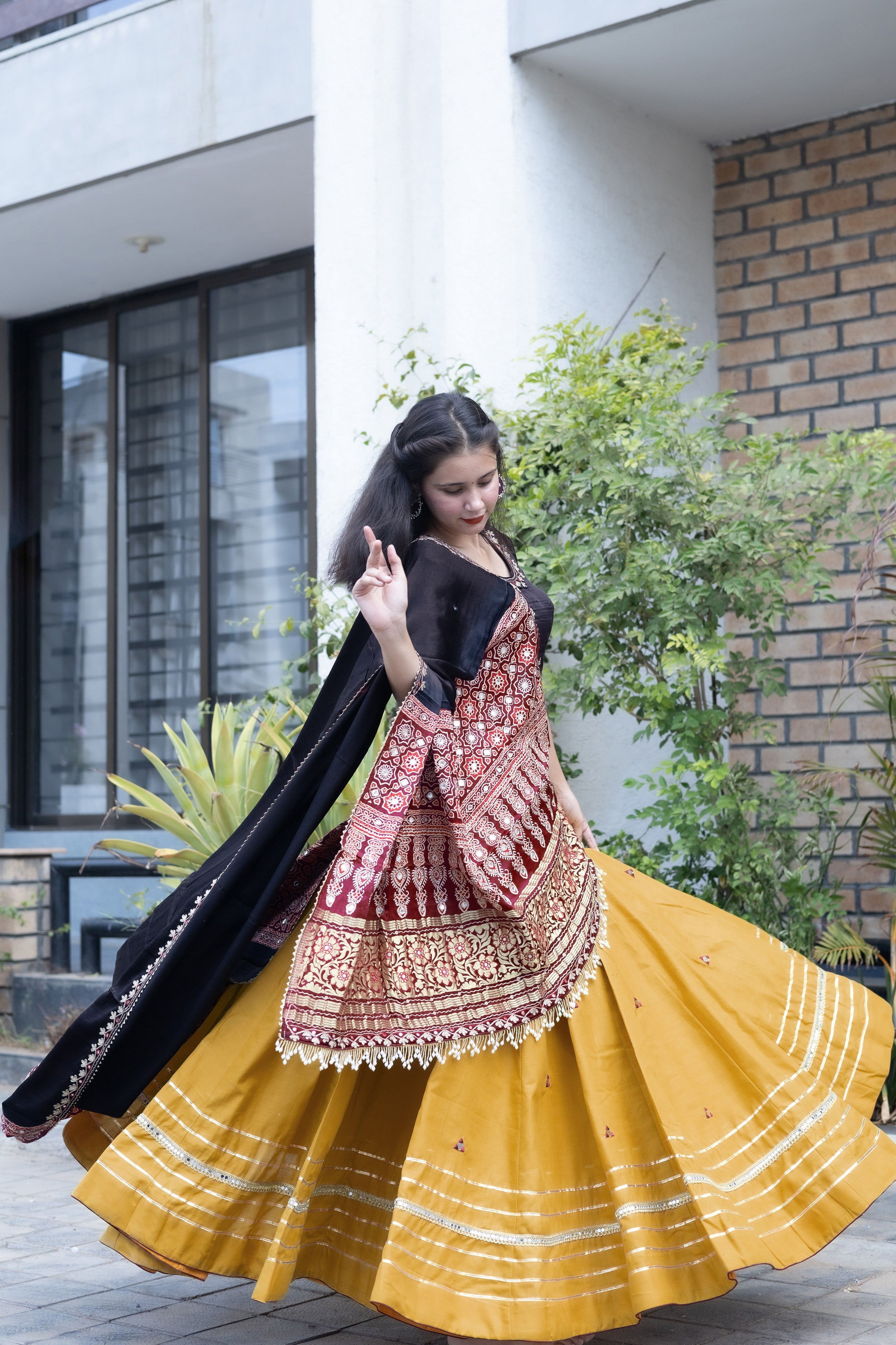 Ethnic Elegance: Mustard/Black Navratri Chaniya Choli with Gaji Silk Dupatta – Palkhi Fashion
