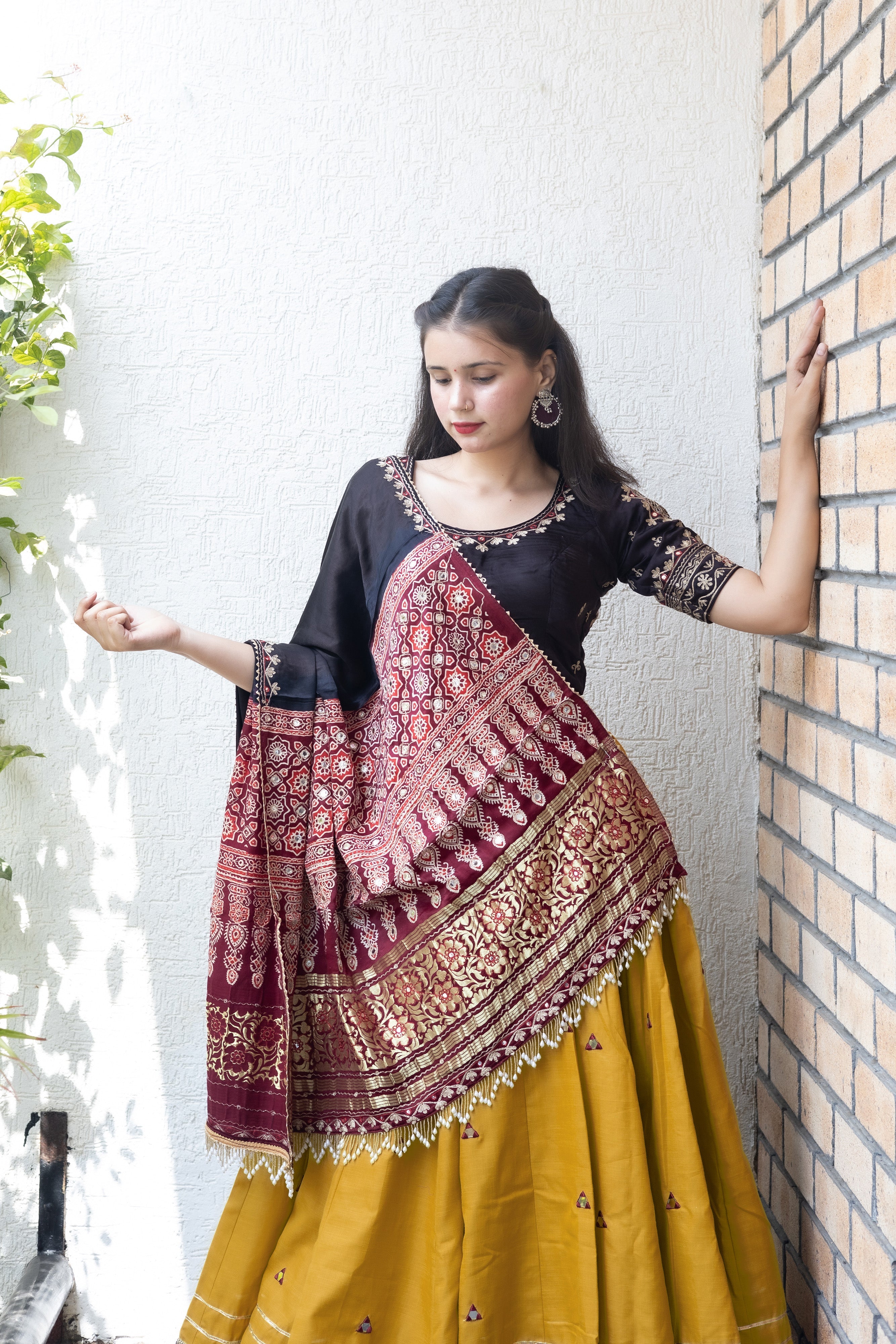 Ethnic Elegance: Mustard/Black Navratri Chaniya Choli with Gaji Silk Dupatta – Palkhi Fashion