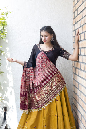 Ethnic Elegance: Mustard/Black Navratri Chaniya Choli with Gaji Silk Dupatta β Palkhi Fashion