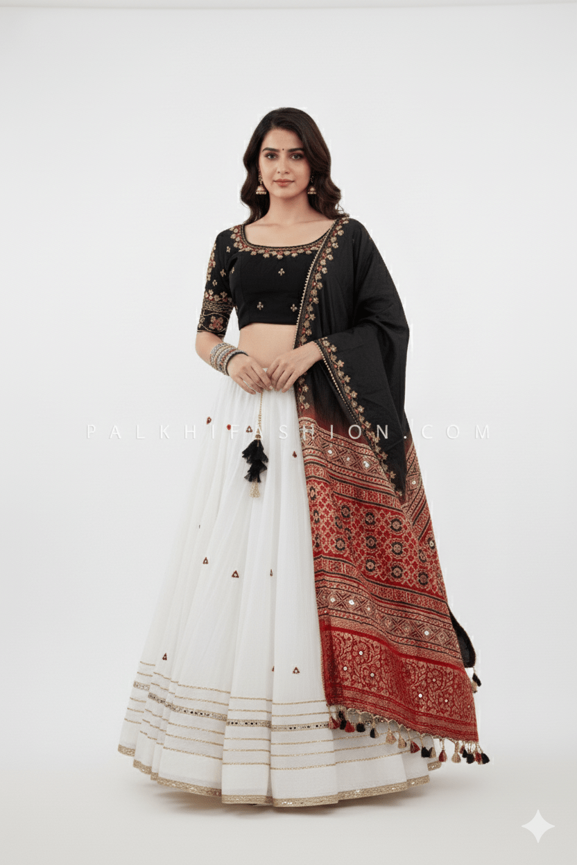 Ethnic Elegance: White/Black Navratri Chaniya Choli with Gaji Silk Dupatta – Palkhi Fashion