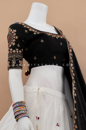 Ethnic Elegance: White/Black Navratri Chaniya Choli with Gaji Silk Dupatta – Palkhi Fashion