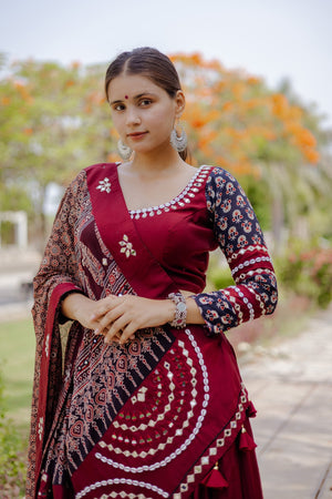 Ethnic Maroon Chaniya Choli Set with Ajarakh & Mirrorwork ā Palkhi Fashion
