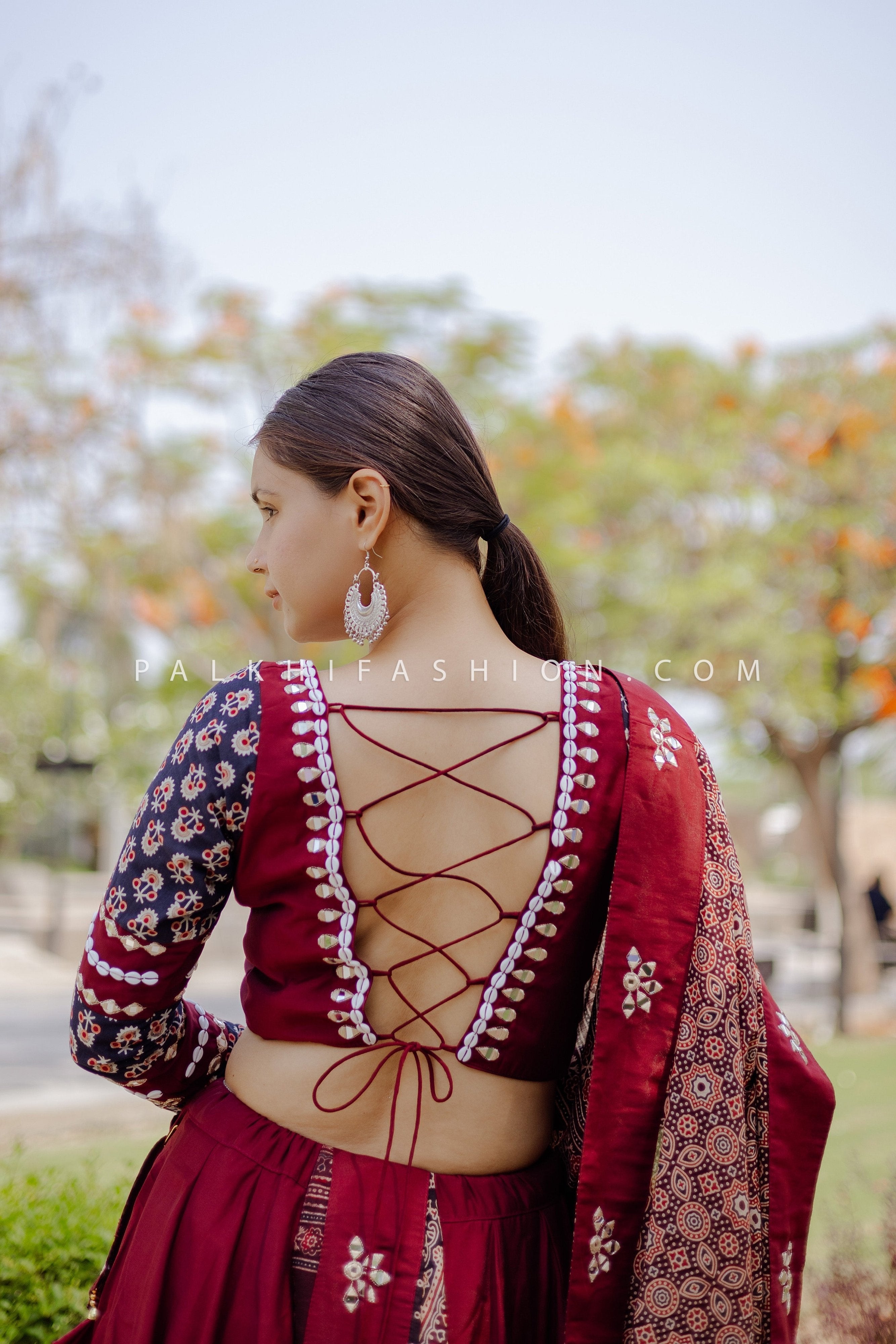 Ethnic Maroon Chaniya Choli Set with Ajarakh & Mirrorwork – Palkhi Fashion