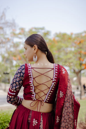 Ethnic Maroon Chaniya Choli Set with Ajarakh & Mirrorwork ā Palkhi Fashion