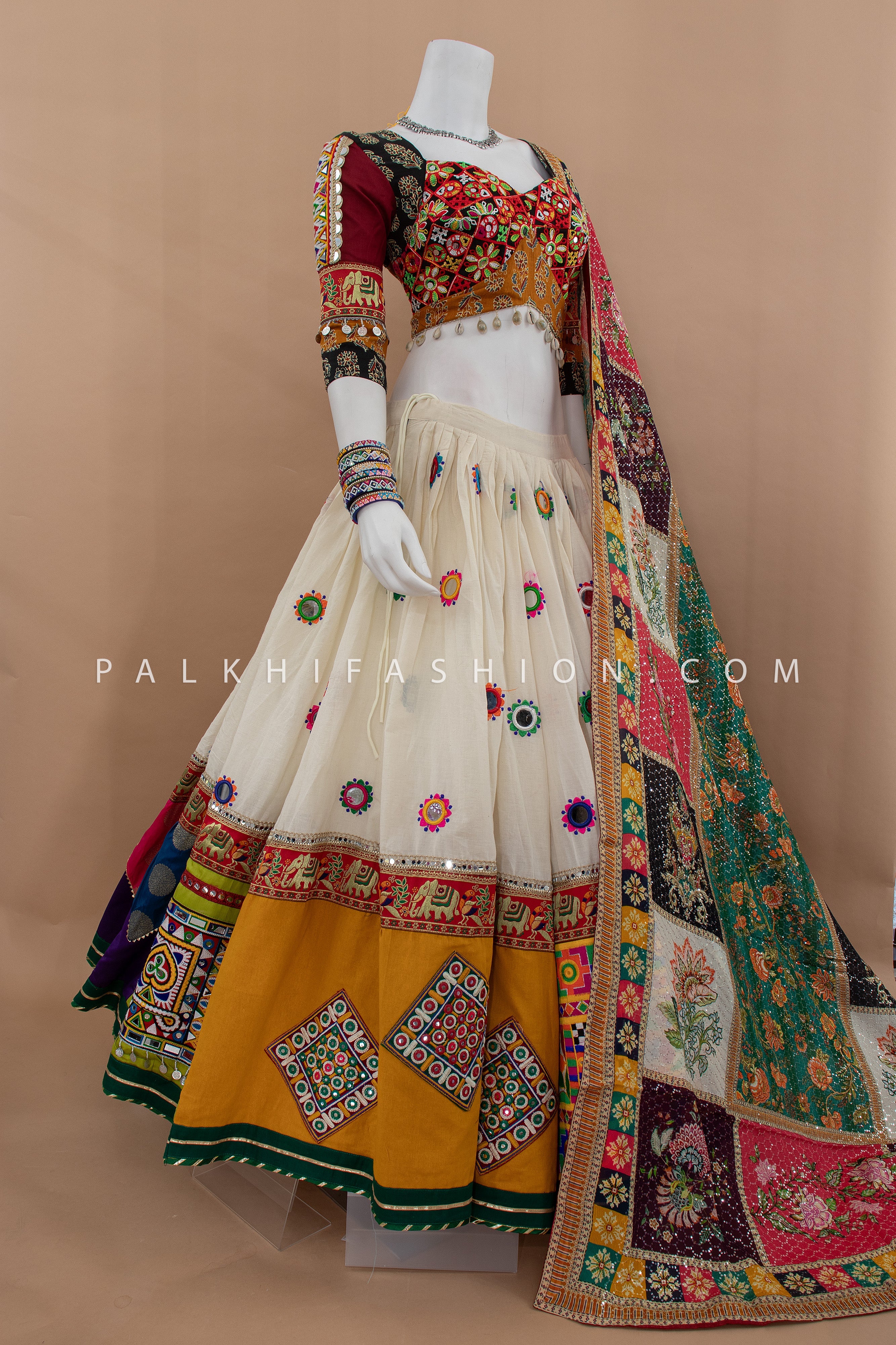 🌟 Festive Elegance: White Designer Multicolor Navratri Chaniya Choli – Palkhi Fashion