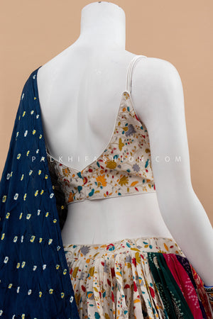 Festive Flair: Multicolor Chaniya Choli with Spaghetti Blouse & Bandhni Silk Dupatta – Palkhi Fashion