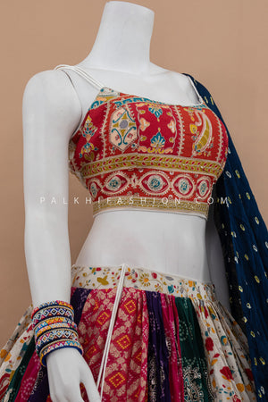 Festive Flair: Multicolor Chaniya Choli with Spaghetti Blouse & Bandhni Silk Dupatta – Palkhi Fashion