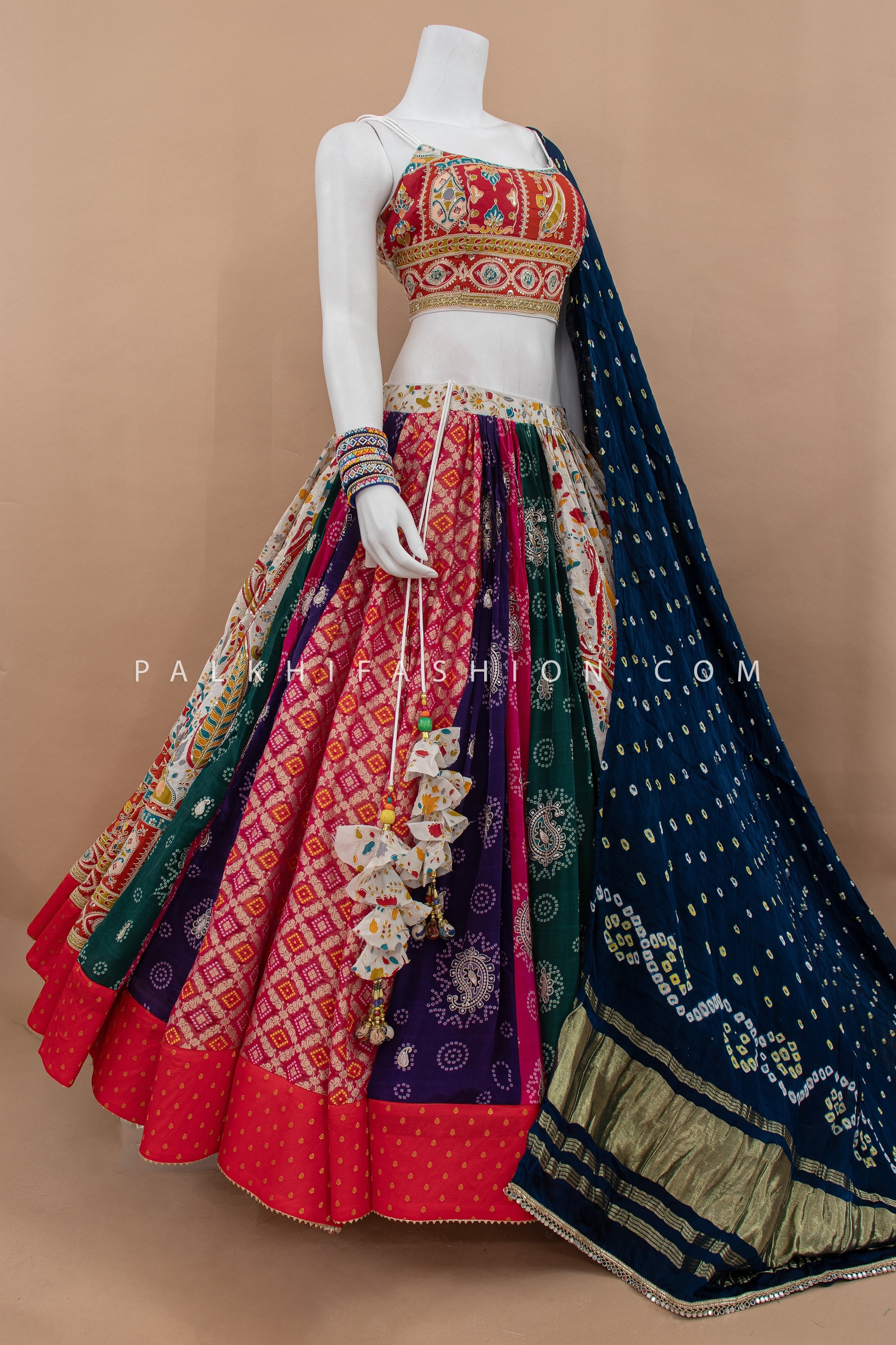 Festive Flair: Multicolor Chaniya Choli with Spaghetti Blouse & Bandhni Silk Dupatta – Palkhi Fashion