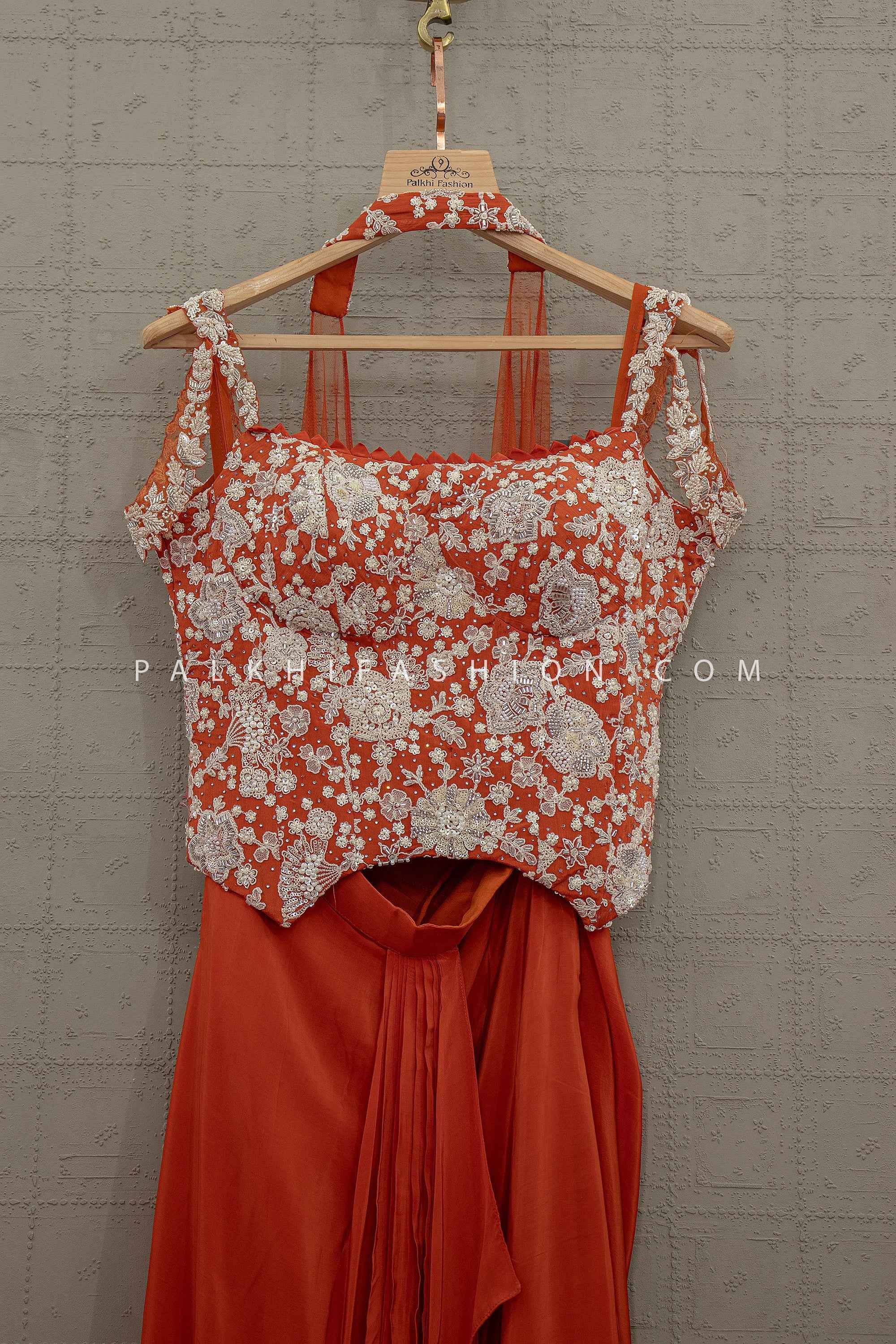 Festive Glam Ensemble – Rust Orange Hand Embellished Tulip Skirt Set – Palkhi Fashion