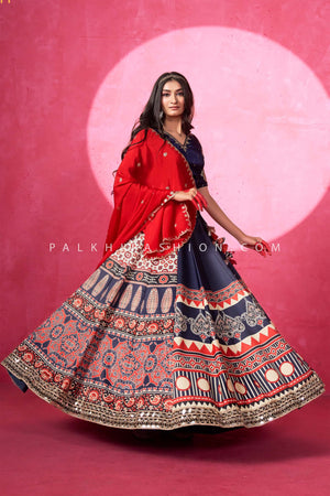 Festive Remix: Blue Handcrafted Ajarakh Navratri Chaniya Choli – Palkhi Fashion