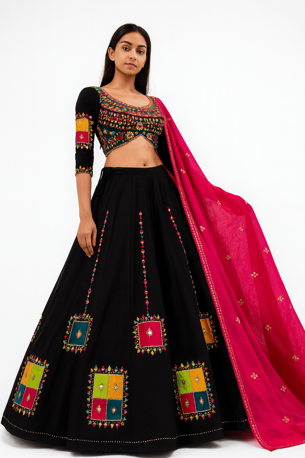 🖤 Festive Splendor: Bold Black Navratri Chaniya Choli with Multicolor Mirror Work – Palkhi Fashion