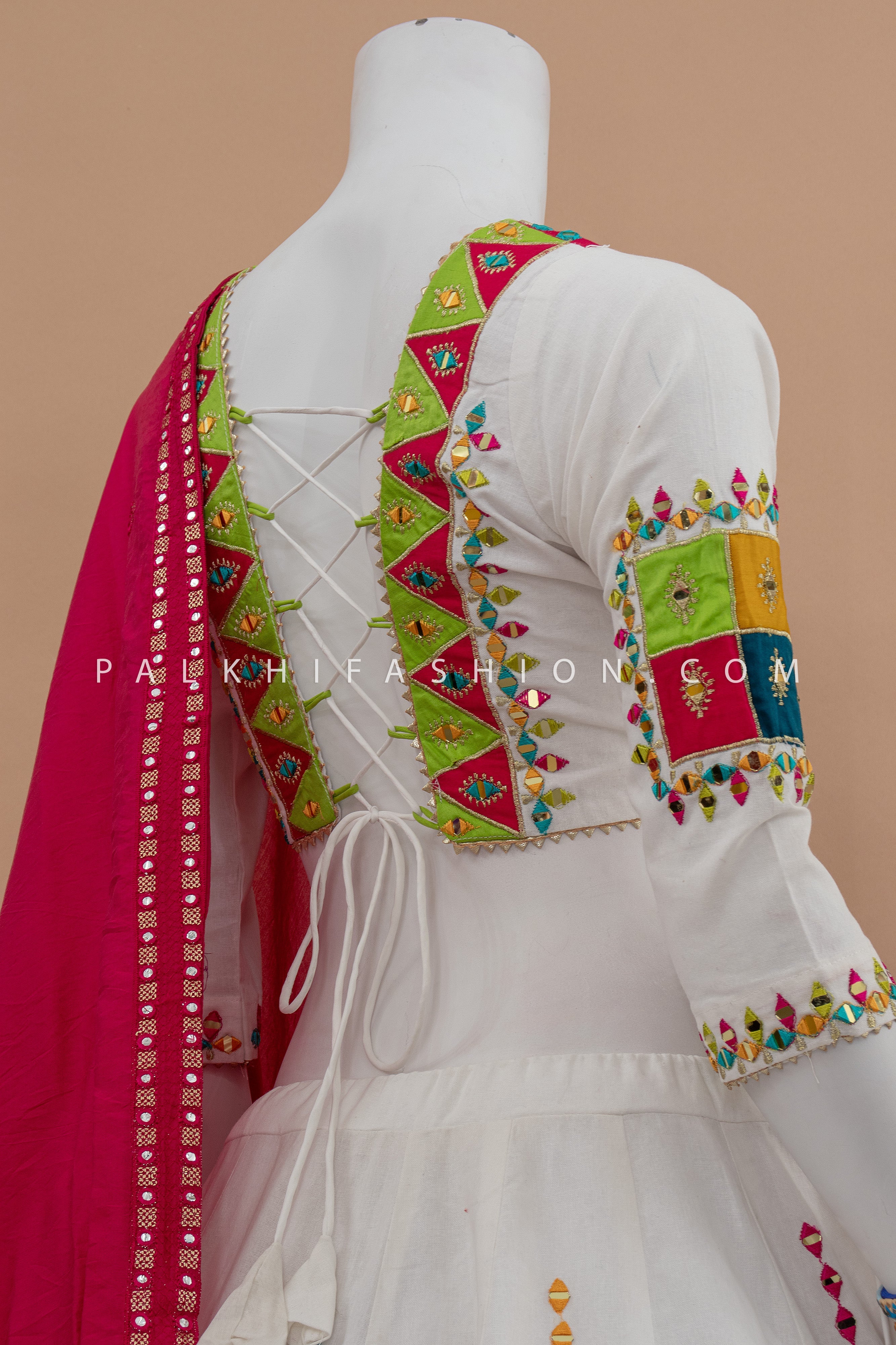 🤍 Festive Splendor: White Navratri Chaniya Choli with Multicolor Mirror Work – Palkhi Fashion