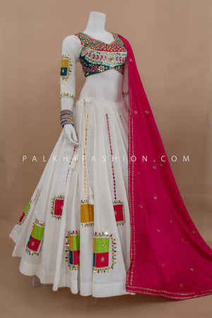 🤍 Festive Splendor: White Navratri Chaniya Choli with Multicolor Mirror Work – Palkhi Fashion