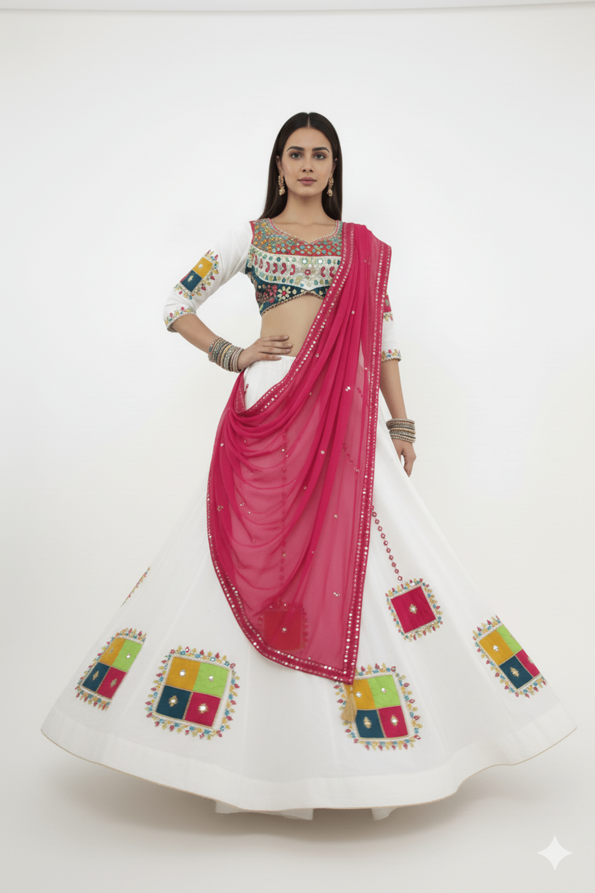 🤍 Festive Splendor: White Navratri Chaniya Choli with Multicolor Mirror Work – Palkhi Fashion