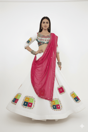 🤍 Festive Splendor: White Navratri Chaniya Choli with Multicolor Mirror Work – Palkhi Fashion